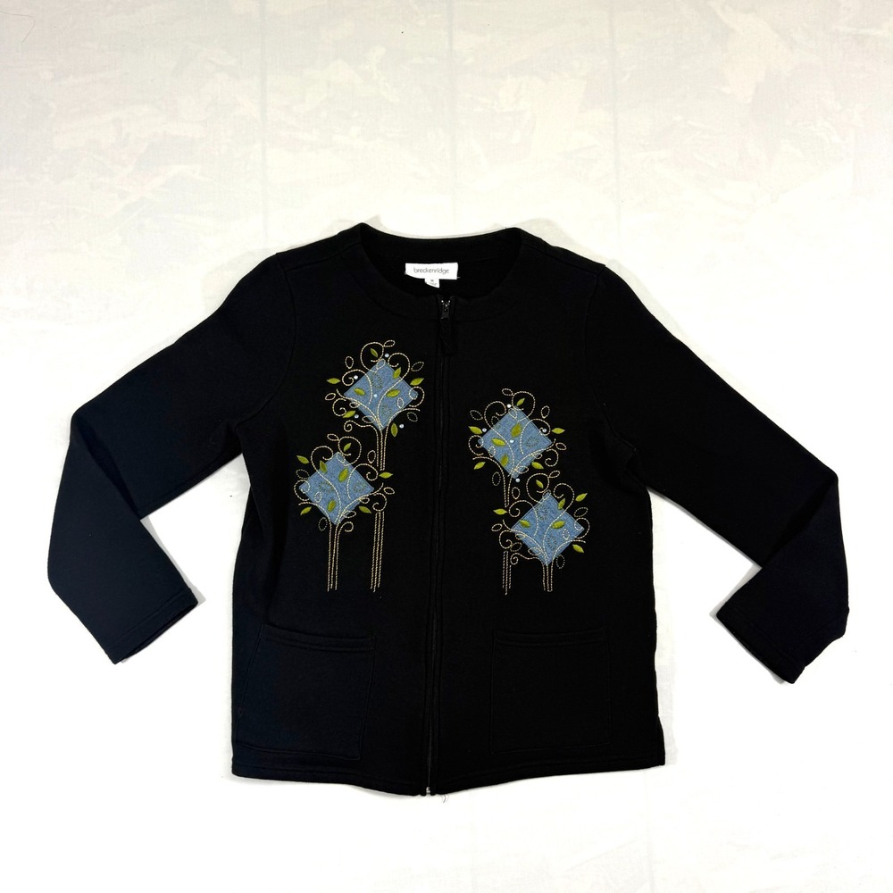 Breckenridge Jacket Womens Medium Black Fleece Lined Floral Embroidered Full Zip